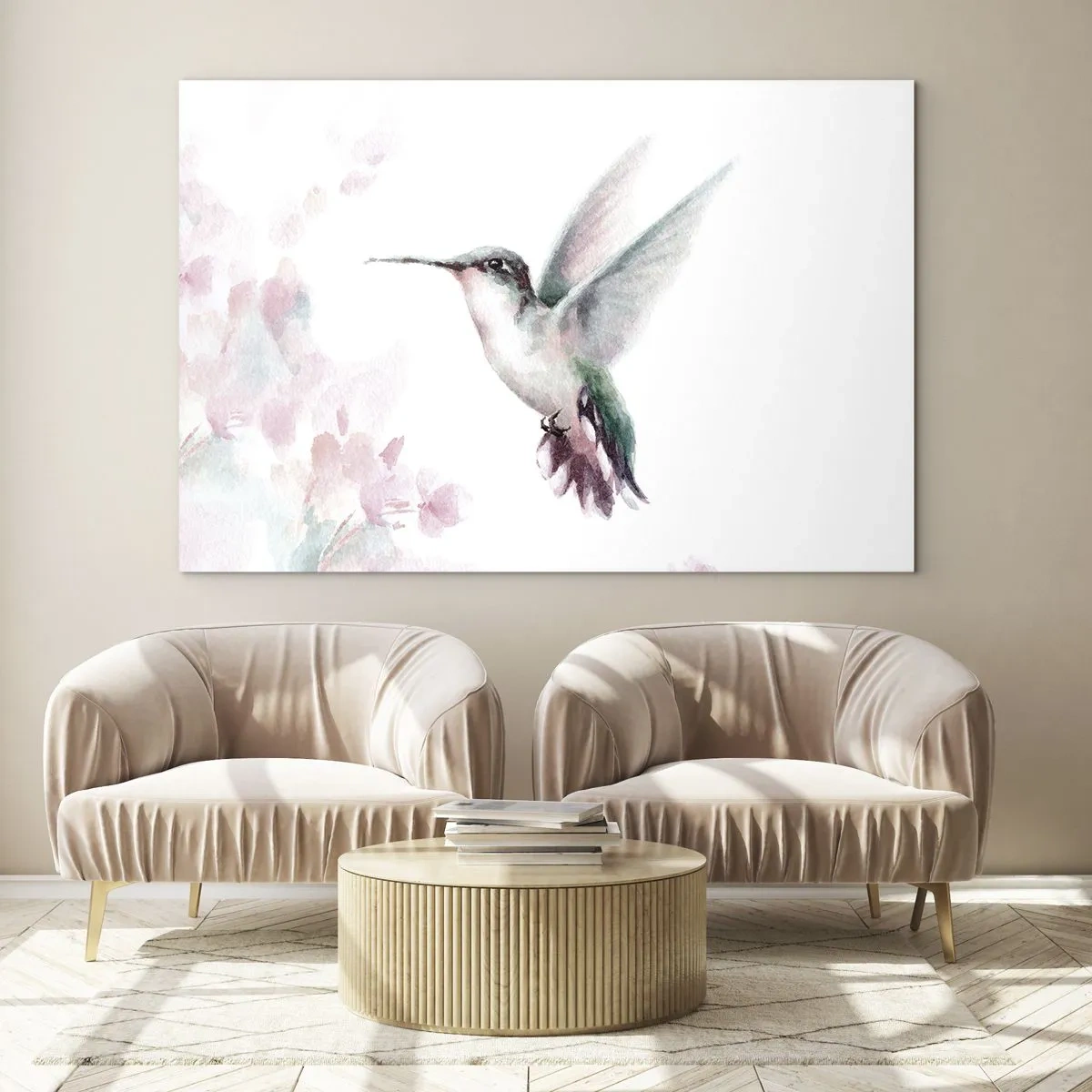 Billede på glas - Farverig kolibri i delikat akvarel - 70x50cm - Stoppet i flagren - Moderne vægdekoration til stue og soveværelse ARTTOR