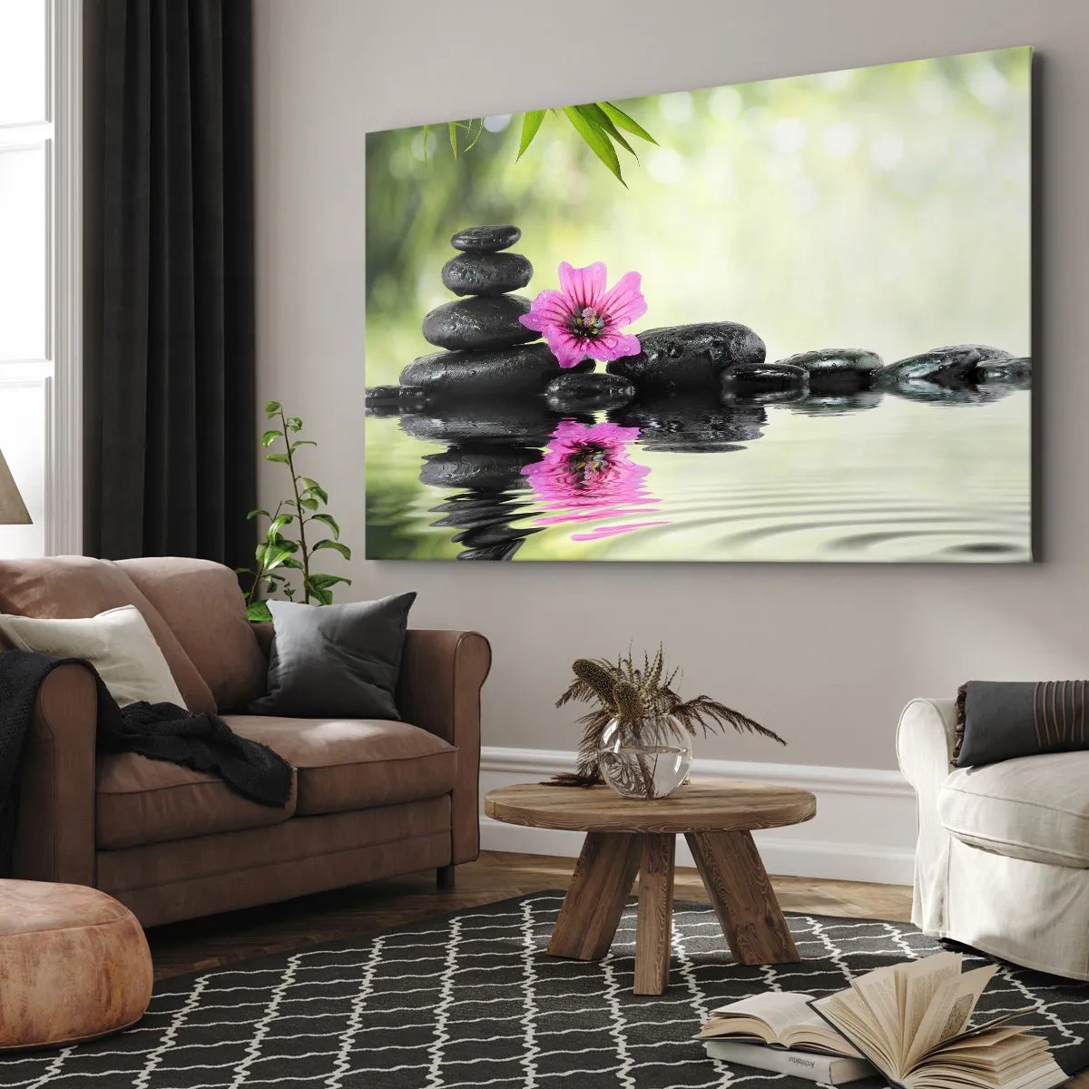 Lærredstryk - Billede på lærred - Zensten og en lyserød blomst reflekteret i vandet - 70x50cm - Tid til sjælen - Moderne vægdekoration til stue og soveværelse ARTTOR