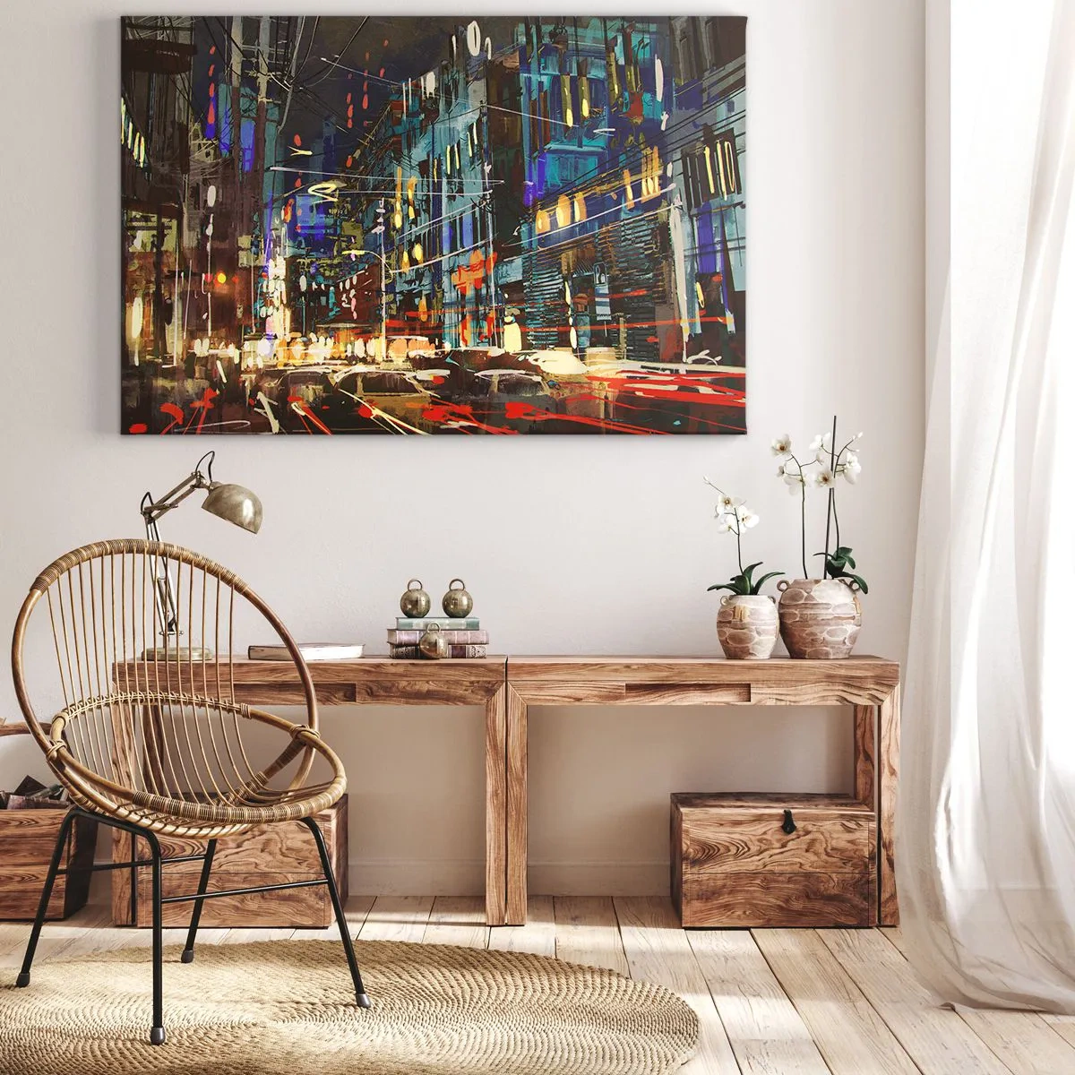 Lærredstryk - Billede på lærred - Byens nattescene med neonlys - 70x50cm - Aftenens travlhed på gaden - Moderne vægdekoration til stue og soveværelse ARTTOR