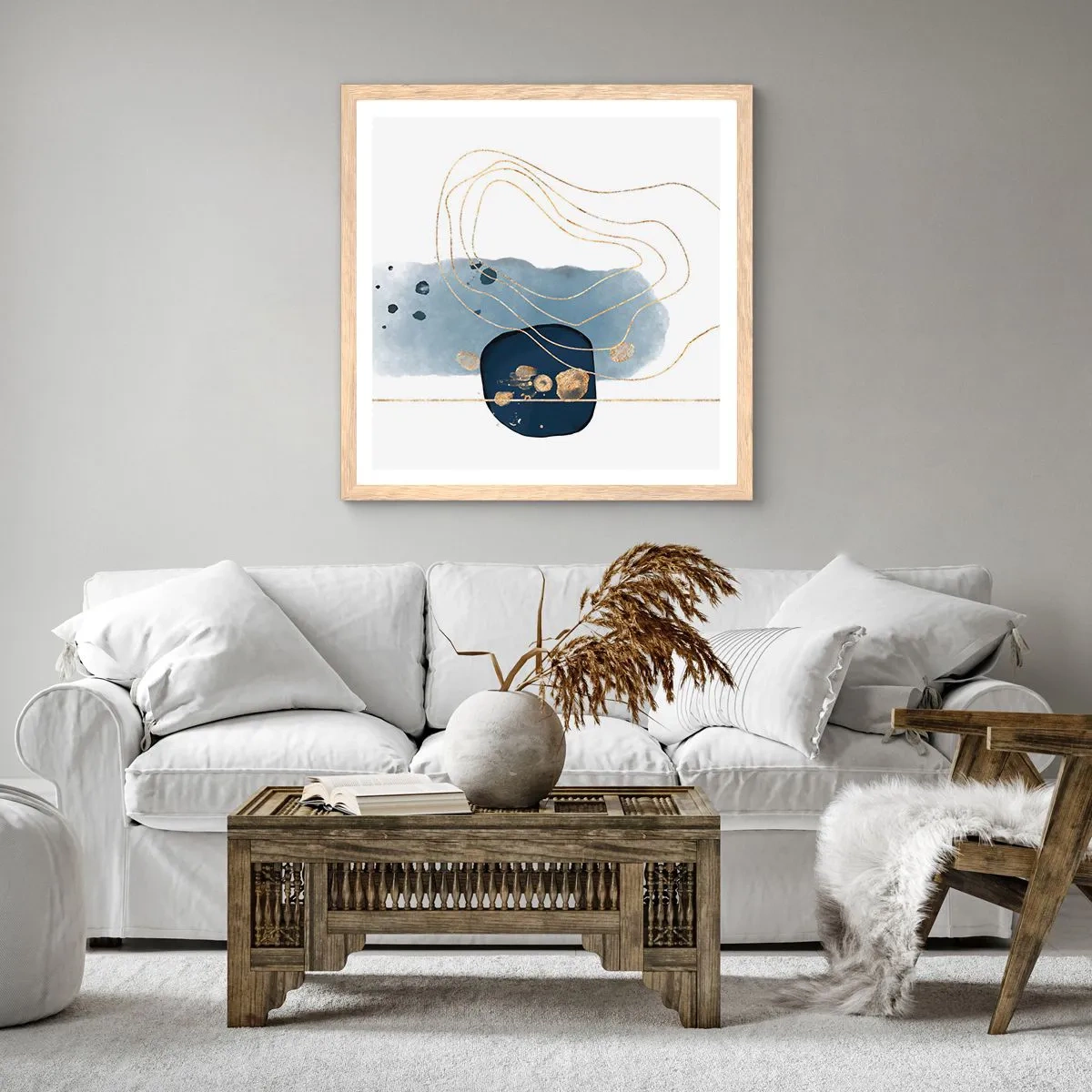 Plakat i ramme af lyst egetræ - Blå-gylden fantasi - 50x50 cm