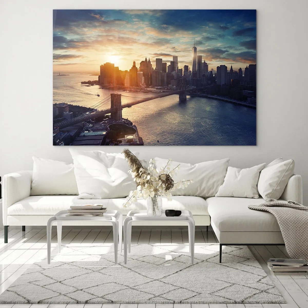 Billede på glas - Udsigt over byen ved solnedgang med broen i forgrunden - 70x50cm - Et monument til vestlig kultur - Moderne vægdekoration til stue og soveværelse ARTTOR