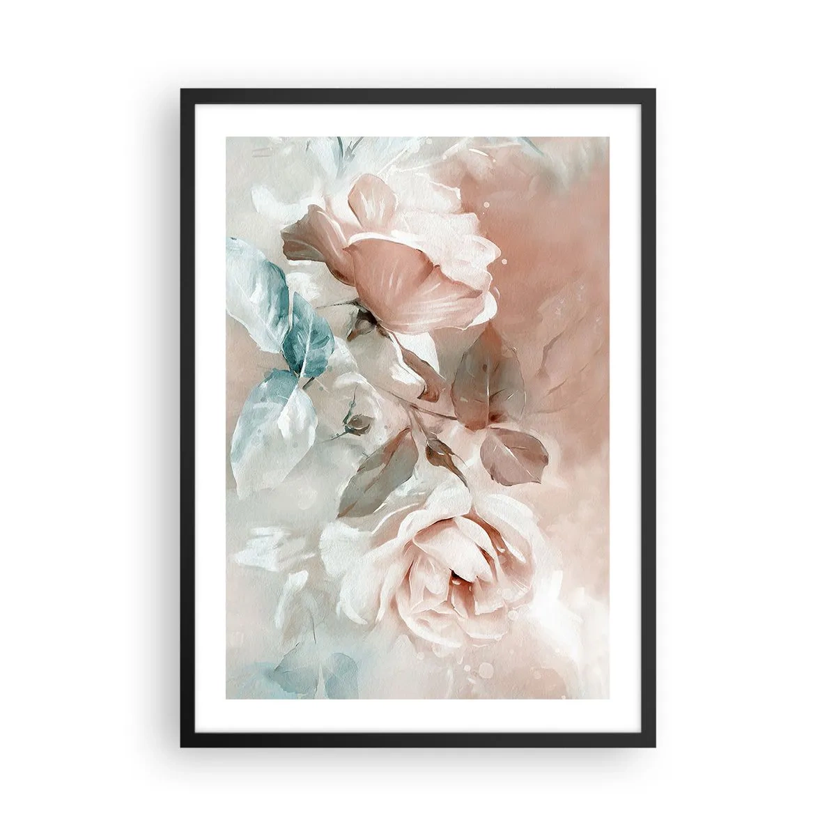Plakat i sort ramme - En malerisk komposition af roser i pastelfarver - 50x70cm - Den romantiske ånd - Moderne vægdekoration til stue og soveværelse ARTTOR