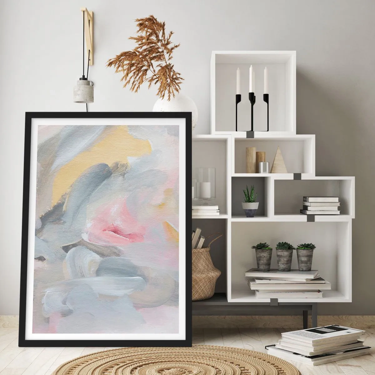 Plakat i sort ramme - Abstrakt komposition i pastelfarver - 50x70cm - I en pastelfarvet verden - Moderne vægdekoration til stue og soveværelse ARTTOR