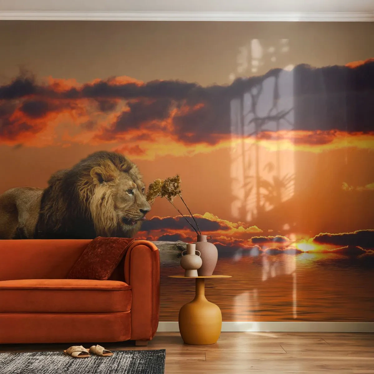 Fototapet Premium Canvas - Naturens konge - Løve, Solnedgang, Dyr - 450x315 cm