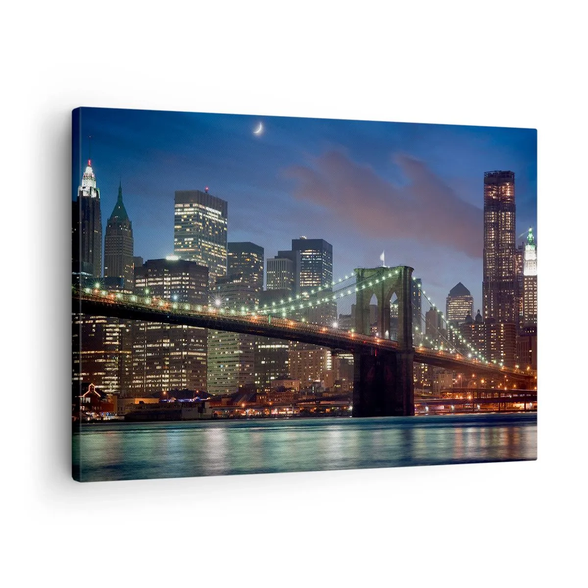 Lærredstryk - Billede på lærred - New York City Bridge om natten med oplyste bygninger - 70x50cm - Lys op om natten - Moderne vægdekoration til stue og soveværelse ARTTOR