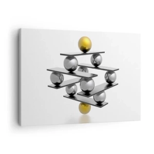 Lærredstryk - Billede på lærred - Geometrisk komposition med metalkugler og en guld accent - 70x50cm - Guld-sølv-balancen - Moderne vægdekoration til stue og soveværelse ARTTOR