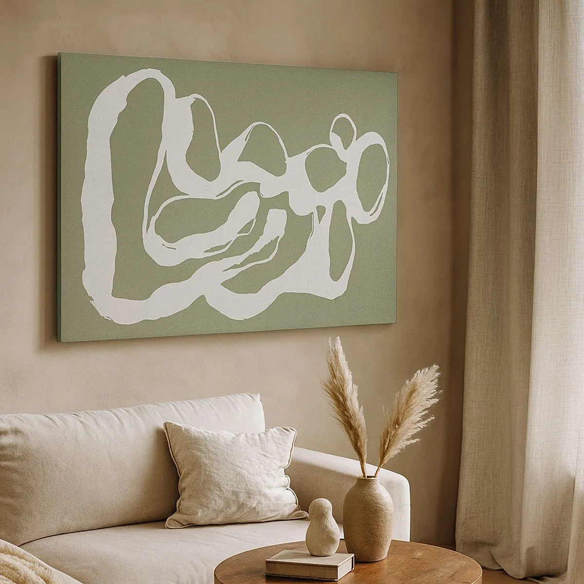 Lærredstryk - Billede på lærred - Organiske former i hvidt på en grøn baggrund - 70x50cm - Rummets kald - Moderne vægdekoration til stue og soveværelse ARTTOR