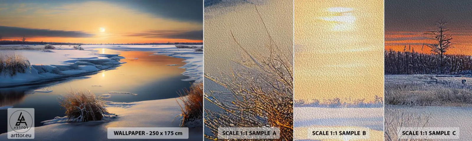 Prøve Fototapet Premium Sand - Vintersolnedgang - Vinter, flod, Landskab - 100x30 cm