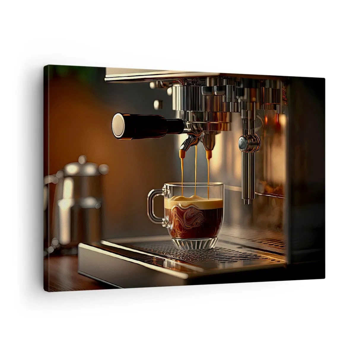Lærredstryk - Billede på lærred - Kaffemaskine med en kop aromatisk espresso - 70x50cm - En sensuel blanding - Moderne vægdekoration til stue og soveværelse ARTTOR
