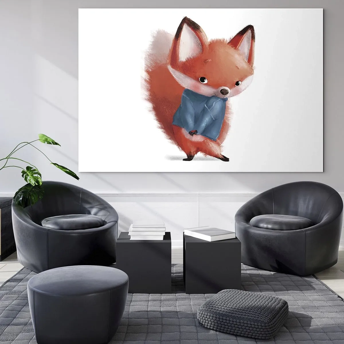 Billede på glas - En sød ræv i en blå sweater på en hvid baggrund - 70x50cm - Ser jeg smuk ud i den her? - Moderne vægdekoration til stue og soveværelse ARTTOR