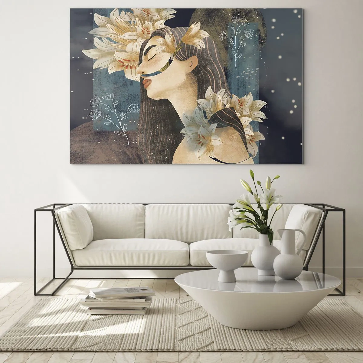 Billede på glas - En kvindefigur med liljer i eventyrstil - 70x50cm - Eventyret om prinsessen med liljerne - Moderne vægdekoration til stue og soveværelse ARTTOR