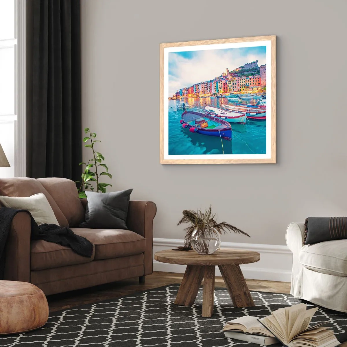 Plakat i ramme af lyst egetræ - En farverig aften i havnen - 50x50 cm