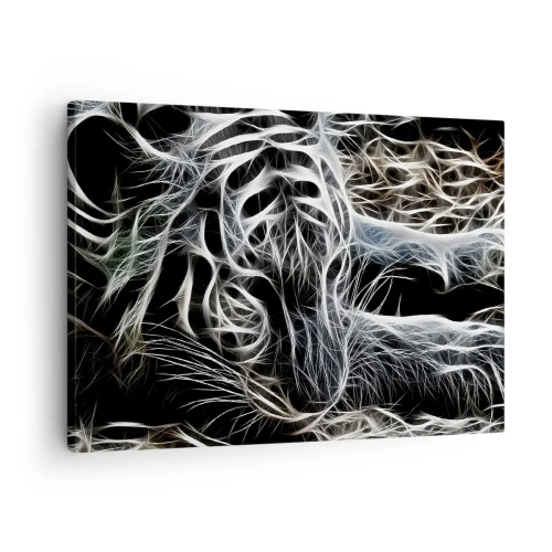 Lærredstryk - Billede på lærred - Et abstrakt mønster, der forestiller silhuetten af en kat på en sort baggrund. - 70x50cm - En undersøgelse af kattens lethed - Moderne vægdekoration til stue og soveværelse ARTTOR