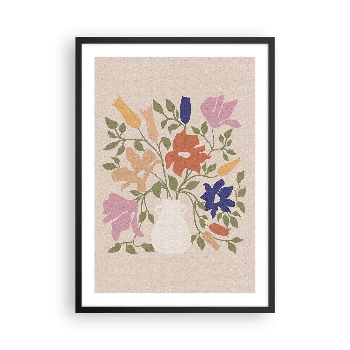 Plakat i sort ramme - En farverig blomsterbuket i en lys vase på en beige baggrund - 50x70cm - En delikat buket - Moderne vægdekoration til stue og soveværelse ARTTOR