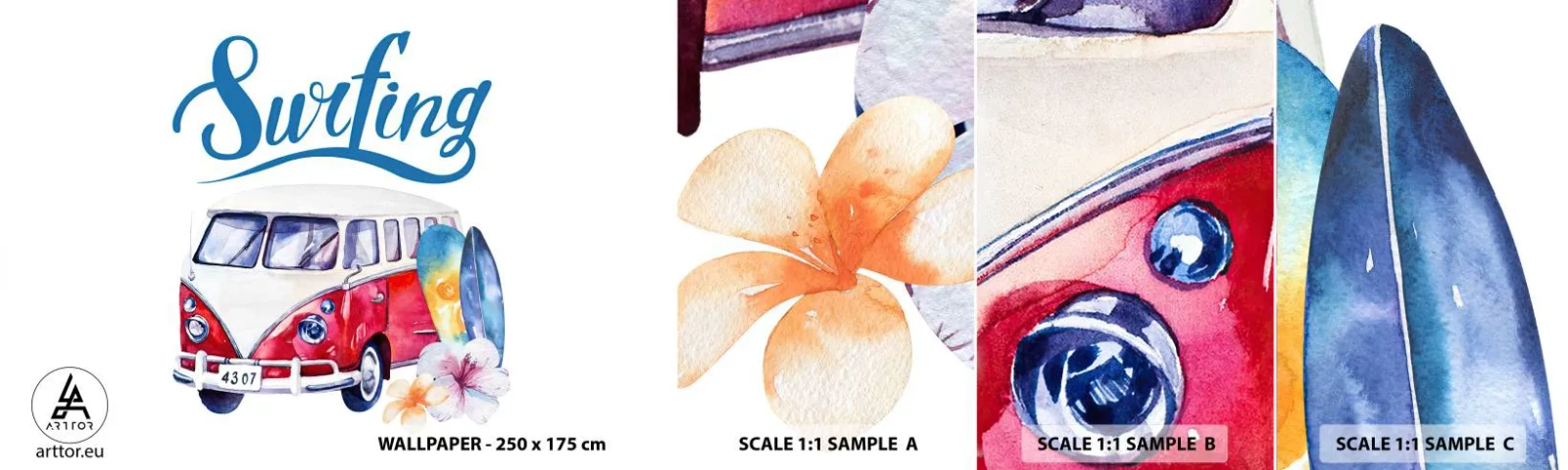 Prøve Fototapet Selvklæbende Deluxe Sticker - Agurk - en klassiker for surferen - Vintage bus, Rejser, Surfbræt - 100x30 cm