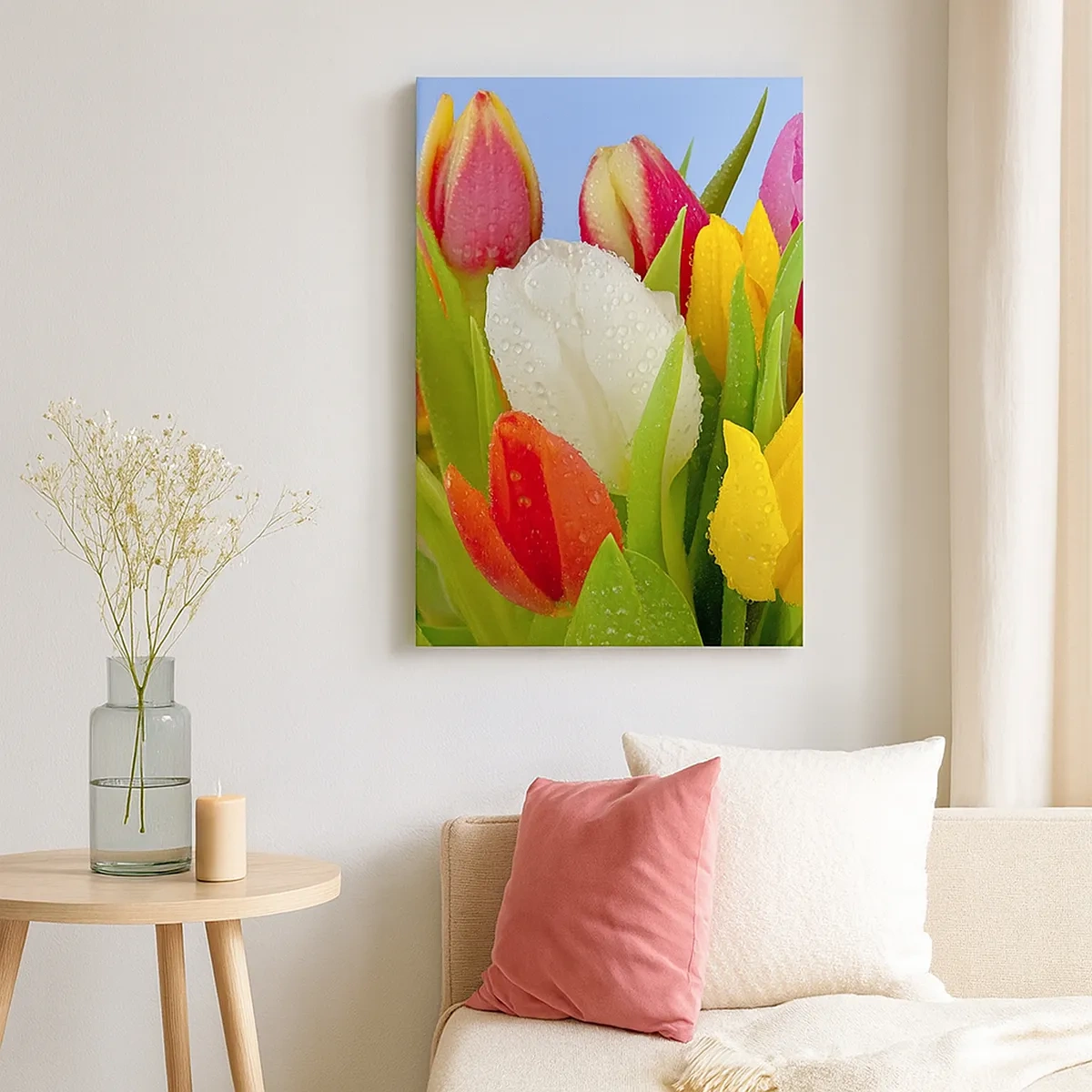 Lærredstryk - Billede på lærred - En blomstret regnbue i dugdråber - 50x70 cm