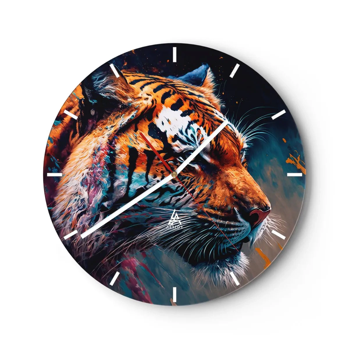 Vægur, Uret - Portræt af en tiger i intense farver med maleriske accenter - 30x30cm - Vild skønhed - Moderne vægdekoration til stue, køkken og soveværelse ARTTOR