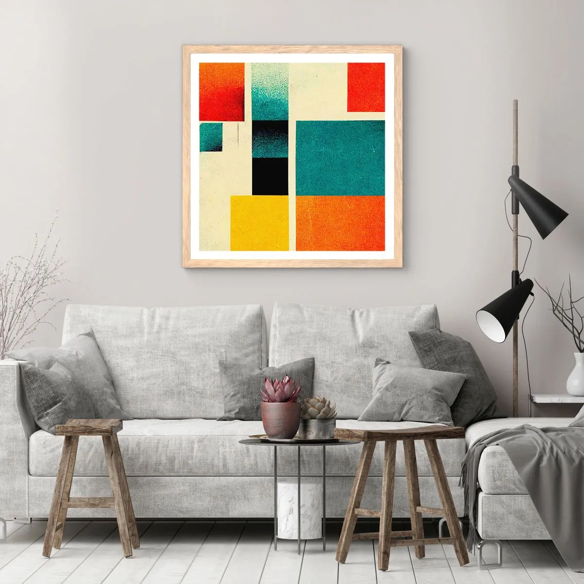 Plakat i ramme af lyst egetræ - Geometrisk abstraktion - god energi - 60x60 cm