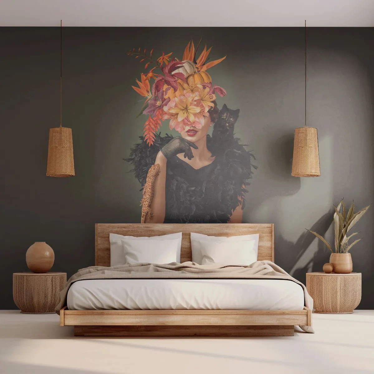 Fototapet Premium Canvas - Heksens fortryllelse - Abstraktion, Kvinde, Blomster - 250x175 cm