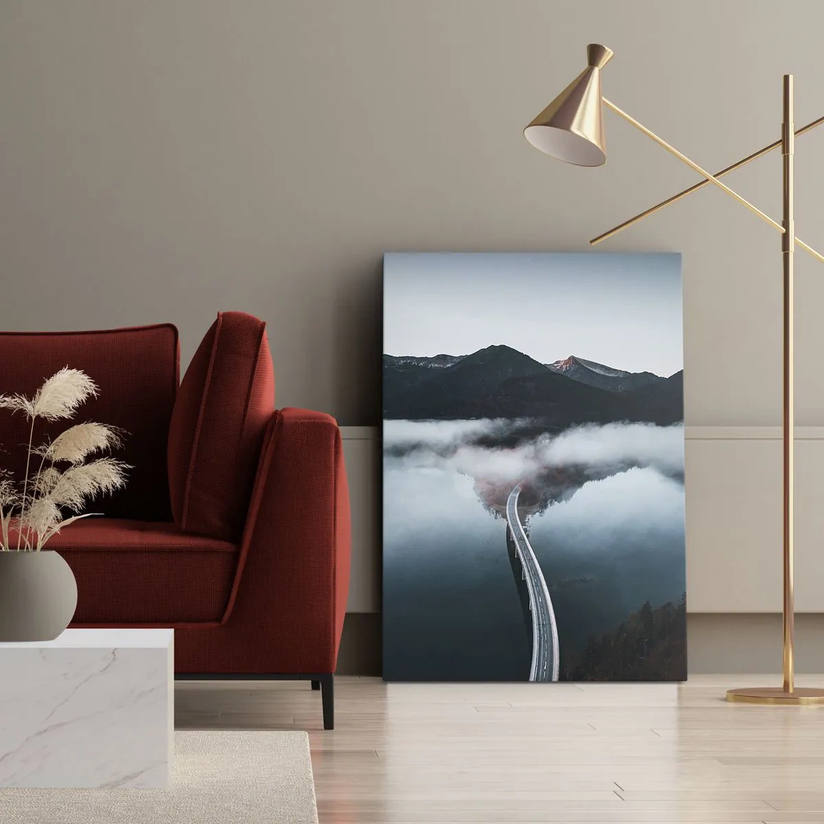 Lærredstryk - Billede på lærred - Over vand så glat som et spejl - 45x80 cm