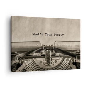 Lærredstryk - Billede på lærred - En skrivemaskine med ordene "Hvad er din historie?" - 70x50cm - Fortæl mig - Moderne vægdekoration til stue og soveværelse ARTTOR