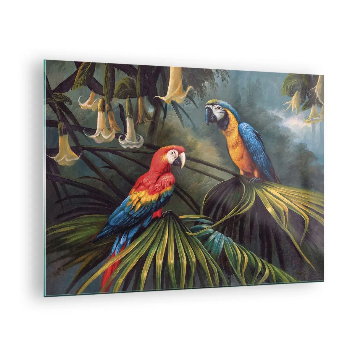 Billede på glas - To farverige papegøjer mod baggrunden af en tropisk jungle - 70x50cm - Romantik i troperne - Moderne vægdekoration til stue og soveværelse ARTTOR