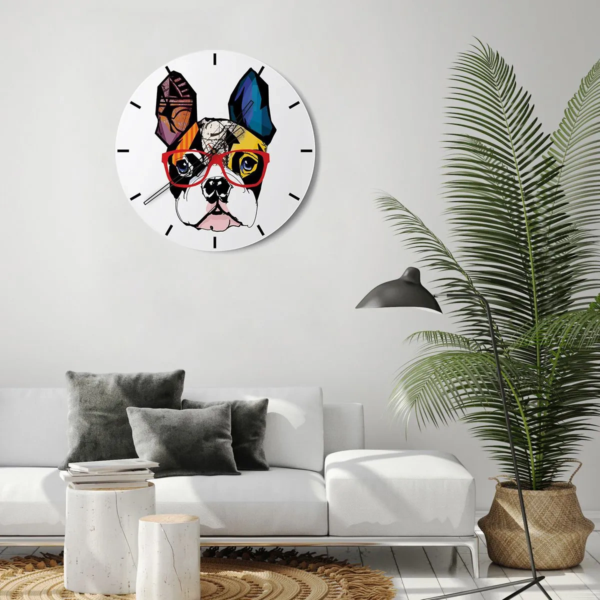 Vægur, Uret - Farverig tegning af en hund med briller på en hvid baggrund - 30x30cm - Intellektuel - Moderne vægdekoration til stue, køkken og soveværelse ARTTOR