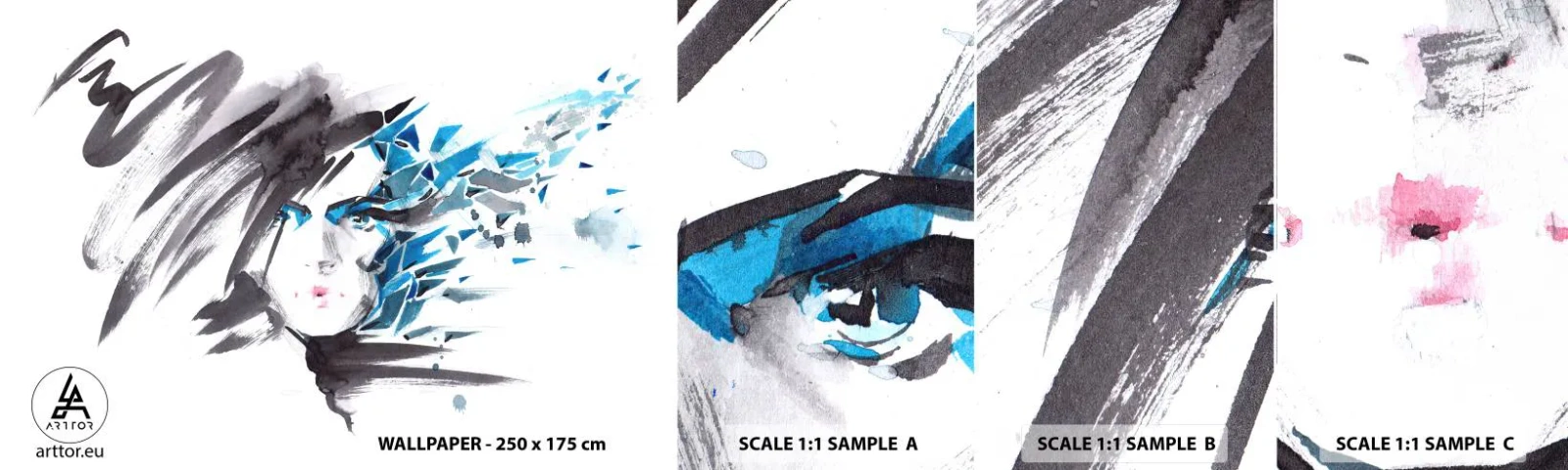 Prøve Fototapet Selvklæbende Deluxe Sticker - Sensuelt portræt i grå og blå farver - Kvinde, Kvindens ansigt, Abstraktion - 100x30 cm