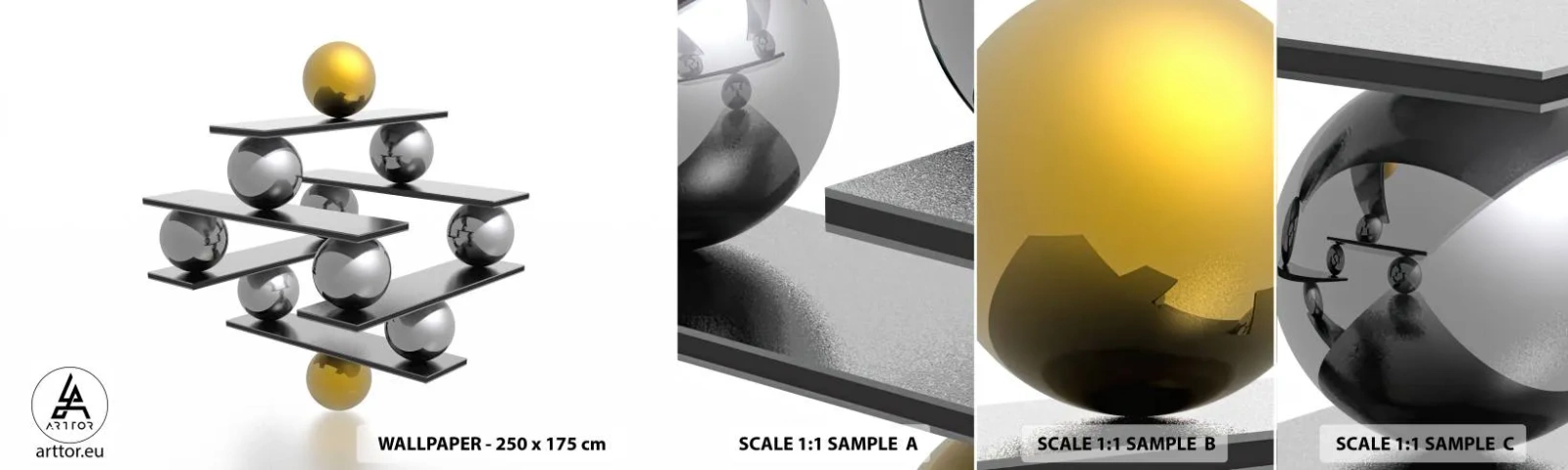 Prøve Fototapet Selvklæbende Deluxe Sticker - Guld-sølv-balancen - Abstraktion, Metal bolde, 3D - 100x30 cm