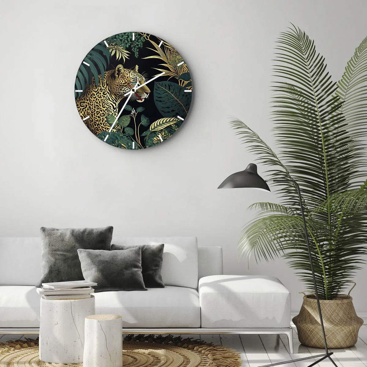 Vægur, Uret - Leopard blandt tropiske blade på en sort baggrund - 30x30cm - Værten i junglen - Moderne vægdekoration til stue, køkken og soveværelse ARTTOR