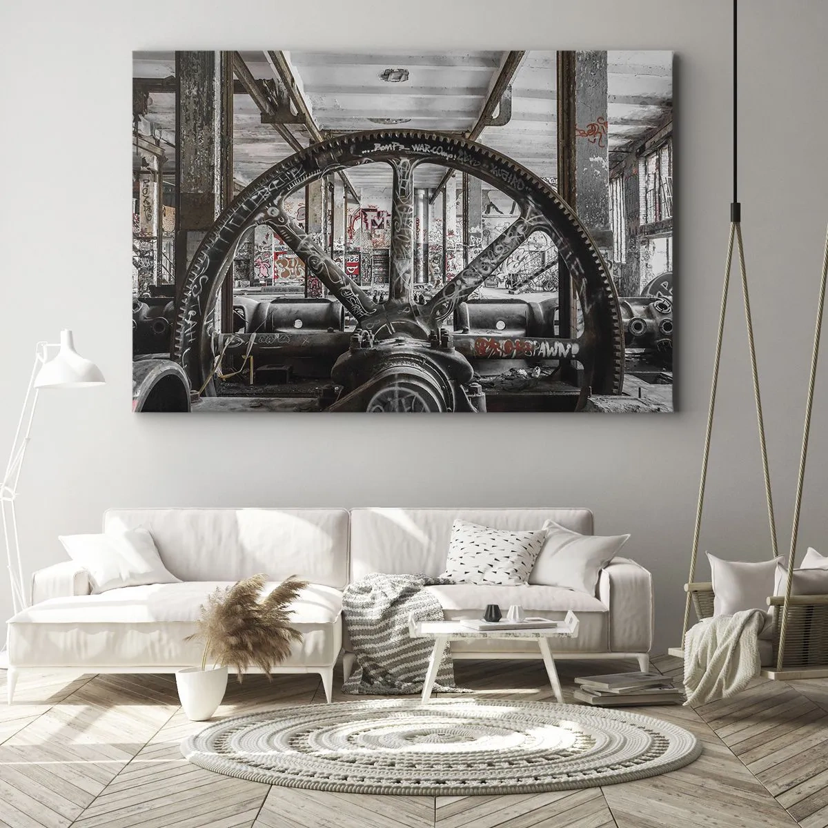Lærredstryk - Billede på lærred - En gammel mekanisme i et forladt industrielt interiør - 70x50cm - Fabrikkens hemmelige liv - Moderne vægdekoration til stue og soveværelse ARTTOR