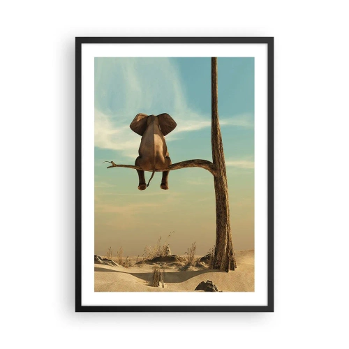 Plakat i sort ramme - En elefant sidder på en gren med et ørkenlandskab i baggrunden. - 50x70cm - Et nyt synspunkt - Moderne vægdekoration til stue og soveværelse ARTTOR