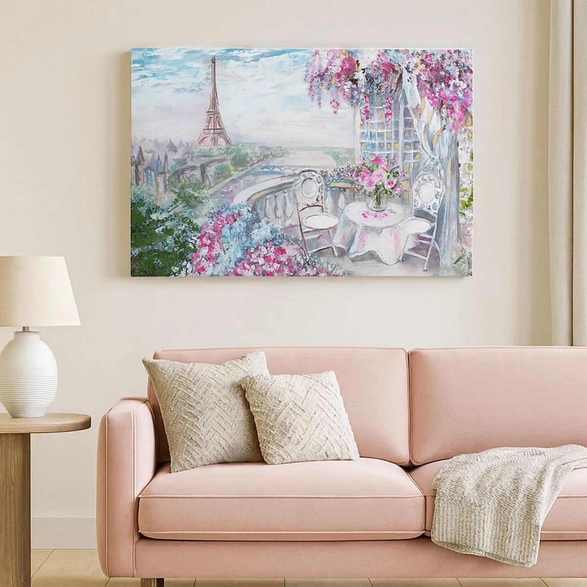 Lærredstryk - Billede på lærred - En romantisk udsigt over Paris med Eiffeltårnet og en balkon fuld af blomster - 70x50cm - Smukkest her i maj - Moderne vægdekoration til stue og soveværelse ARTTOR