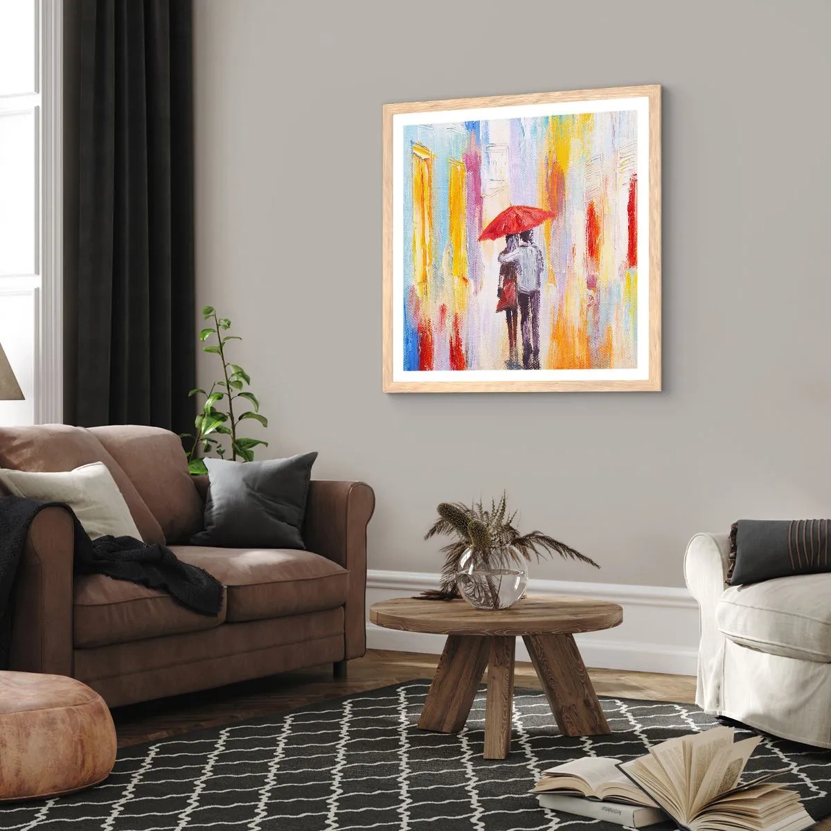 Plakat i ramme af lyst egetræ - Lad det regne  mere - 50x50 cm