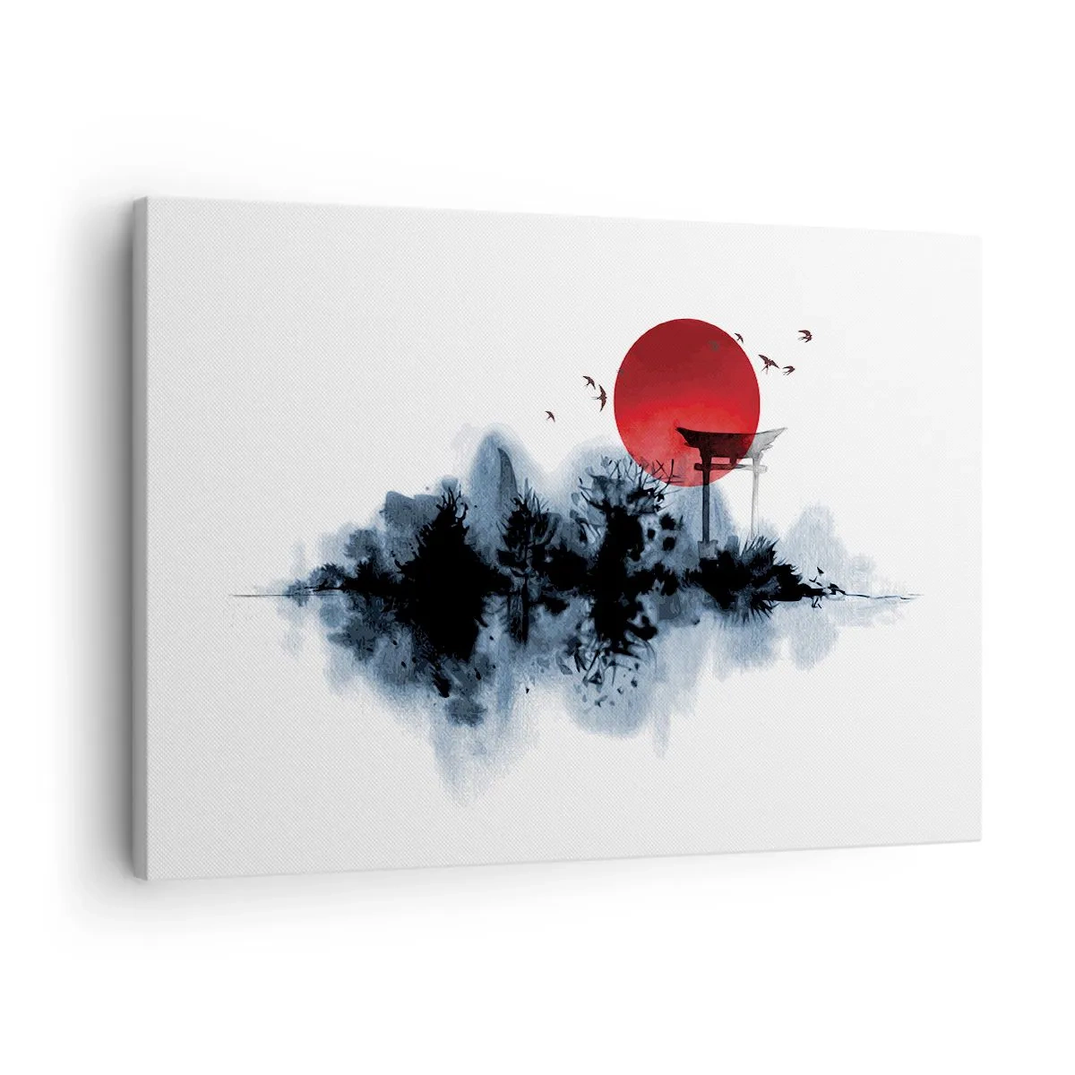 Lærredstryk - Billede på lærred - Rød sol over et malerisk landskab med torii - 70x50cm - Et japansk synspunkt - Moderne vægdekoration til stue og soveværelse ARTTOR