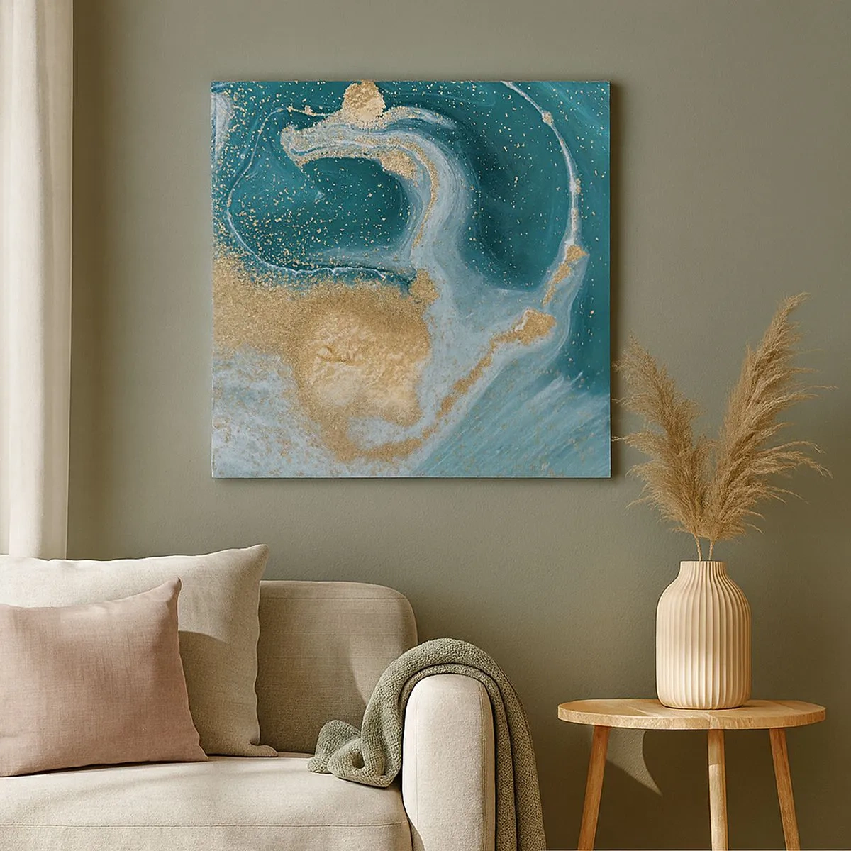 Lærredstryk - Billede på lærred - En hvirvel af guld og turkis - 30x30 cm