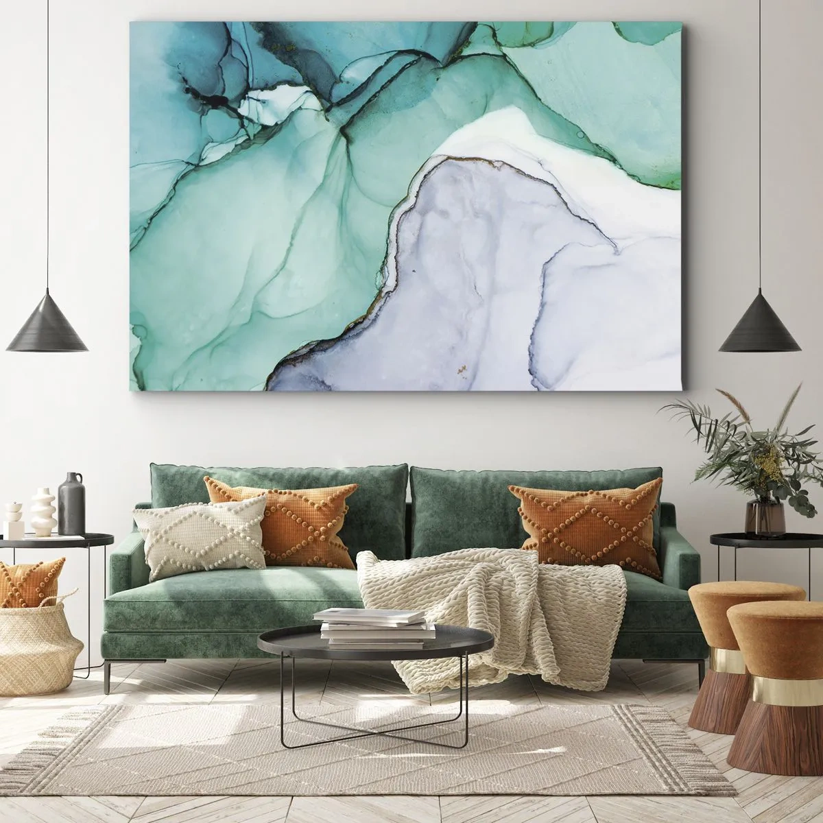 Lærredstryk - Billede på lærred - Abstrakt mønster i nuancer af turkis og hvid - 70x50cm - Undersøgelse i turkis - Moderne vægdekoration til stue og soveværelse ARTTOR