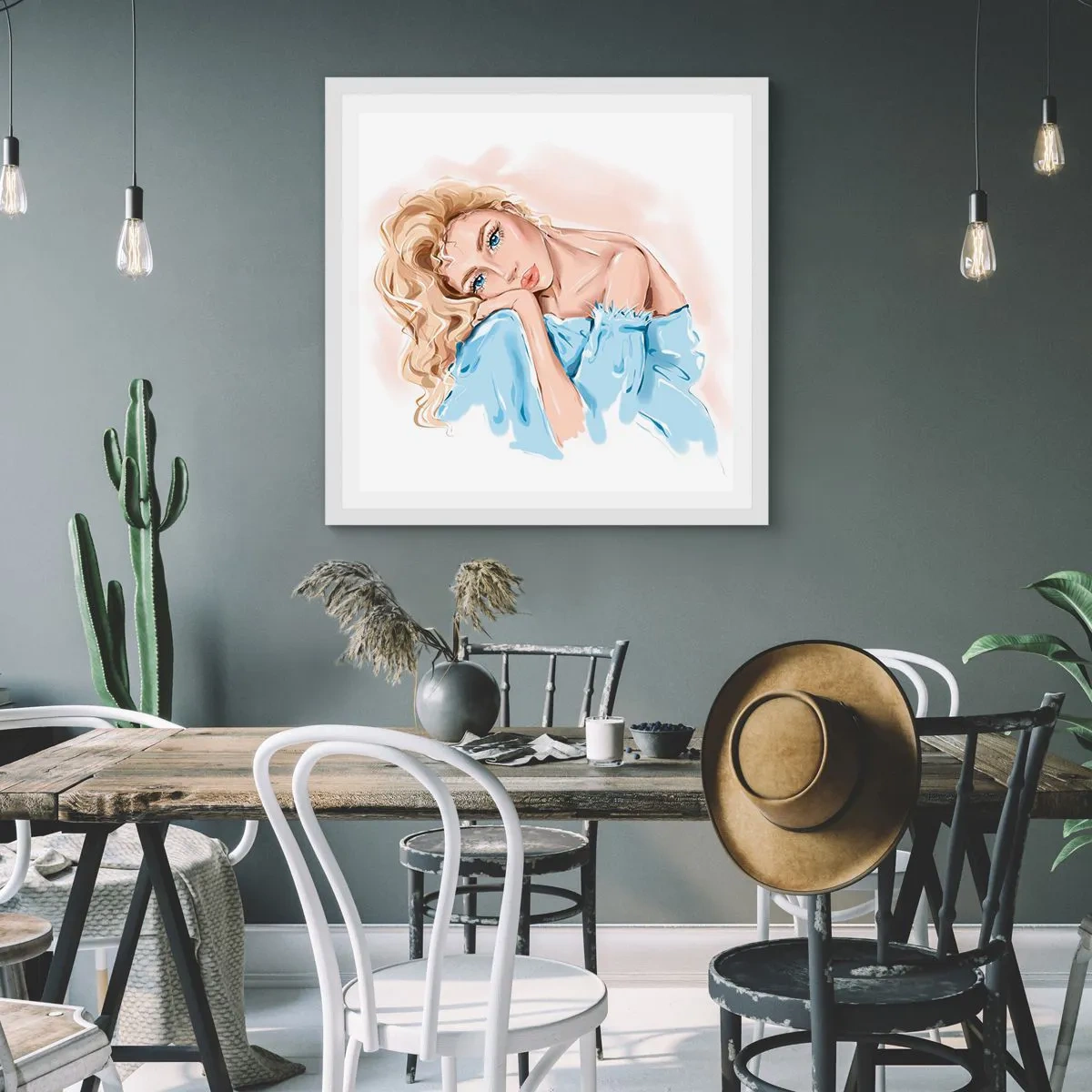 Plakat i hvid ramme - Drømmende i blåt - 60x60 cm