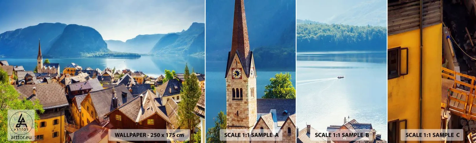 Prøve Fototapet Selvklæbende Deluxe Sticker - Det kunne ikke være mere malerisk - Landskab, By, Østrig - 100x30 cm