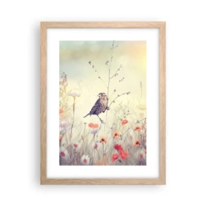 Plakat i ramme af lyst egetræ - Fugleportræt med en eng i baggrunden - 30x40 cm