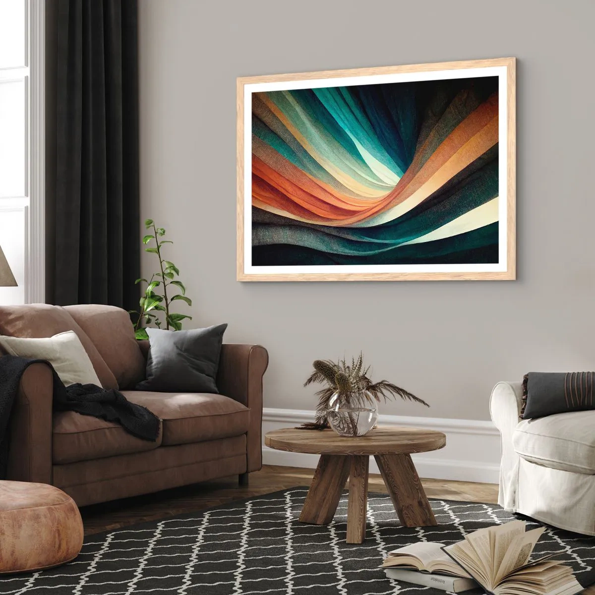 Plakat i ramme af lyst egetræ - Vævet af farver - 50x40 cm