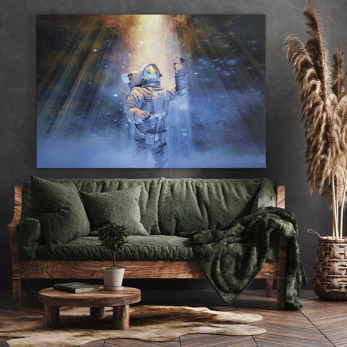 Lærredstryk - Billede på lærred - Astronaut i lyset af en kosmisk eksplosion fuld af stjerner - 70x50cm - Endelig på destinationen - Moderne vægdekoration til stue og soveværelse ARTTOR