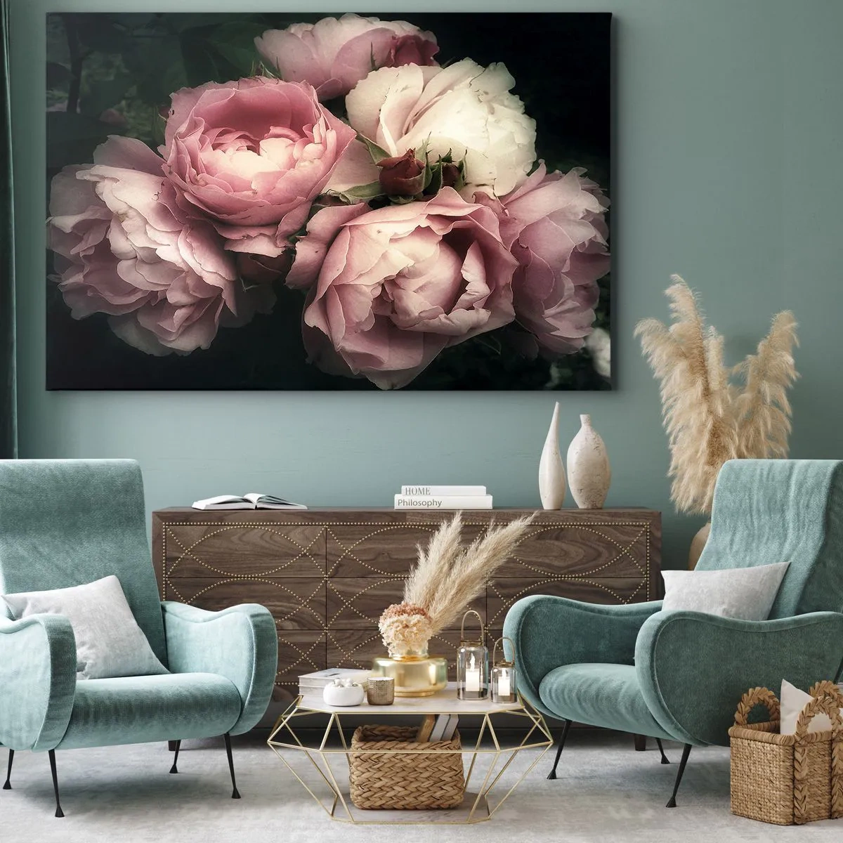 Lærredstryk - Billede på lærred - En buket roser i sarte nuancer af lyserød og hvid - 70x50cm - Belle epoque charme - Moderne vægdekoration til stue og soveværelse ARTTOR