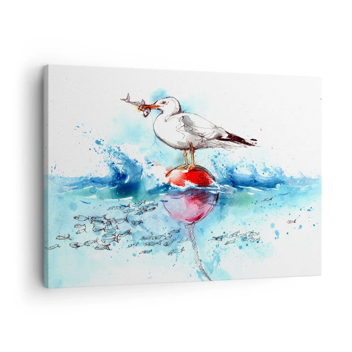 Lærredstryk - Billede på lærred - Måge på en bøje med fisk i baggrunden i akvarelstil - 70x50cm - Succesfuldt fiskeri - Moderne vægdekoration til stue og soveværelse ARTTOR