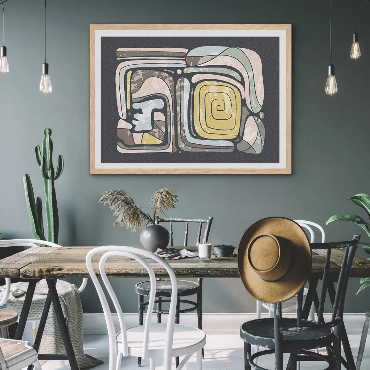 Plakat i ramme af lyst egetræ - Abstraktion i en præcolumbiansk ånd - 100x70 cm