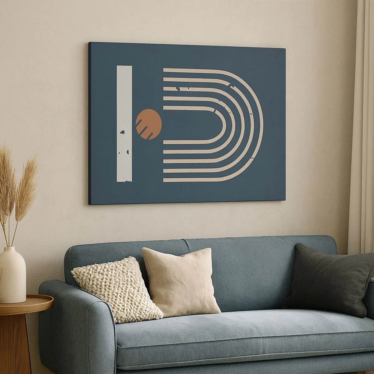 Lærredstryk - Billede på lærred - Geometrisk mønster i nuancer af marineblå, beige og orange på en mørk baggrund - 70x50cm - Geometri på granatæble - Moderne vægdekoration til stue og soveværelse ARTTOR