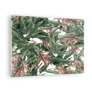 Billede på glas - Blade i nuancer af grønt og bordeaux på en lys baggrund - 70x50cm - Smaragd- og syrenbuskads - Moderne vægdekoration til stue og soveværelse ARTTOR