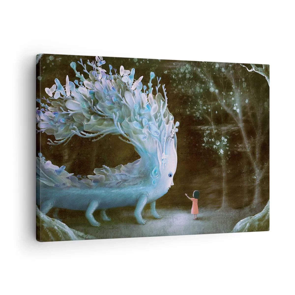 Lærredstryk - Billede på lærred - Figuren af en pige over for en fantastisk skabning - 70x50cm - Et fantastisk møde - Moderne vægdekoration til stue og soveværelse ARTTOR
