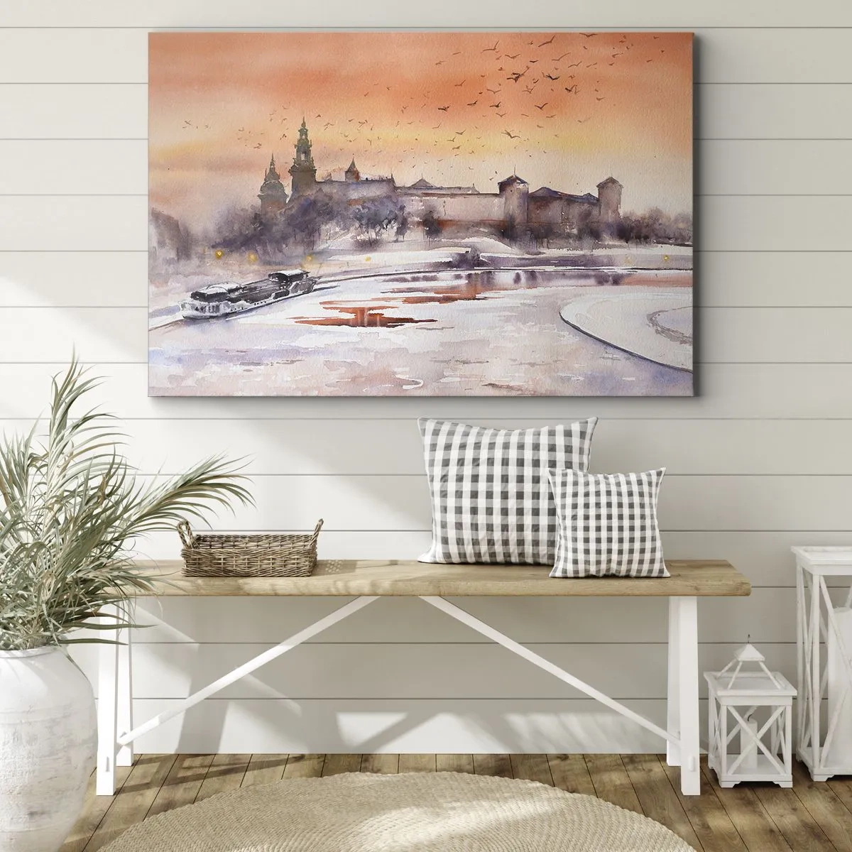 Lærredstryk - Billede på lærred - Solnedgang over slottet i et vinterlandskab - 70x50cm - Kongelig solnedgang - Moderne vægdekoration til stue og soveværelse ARTTOR