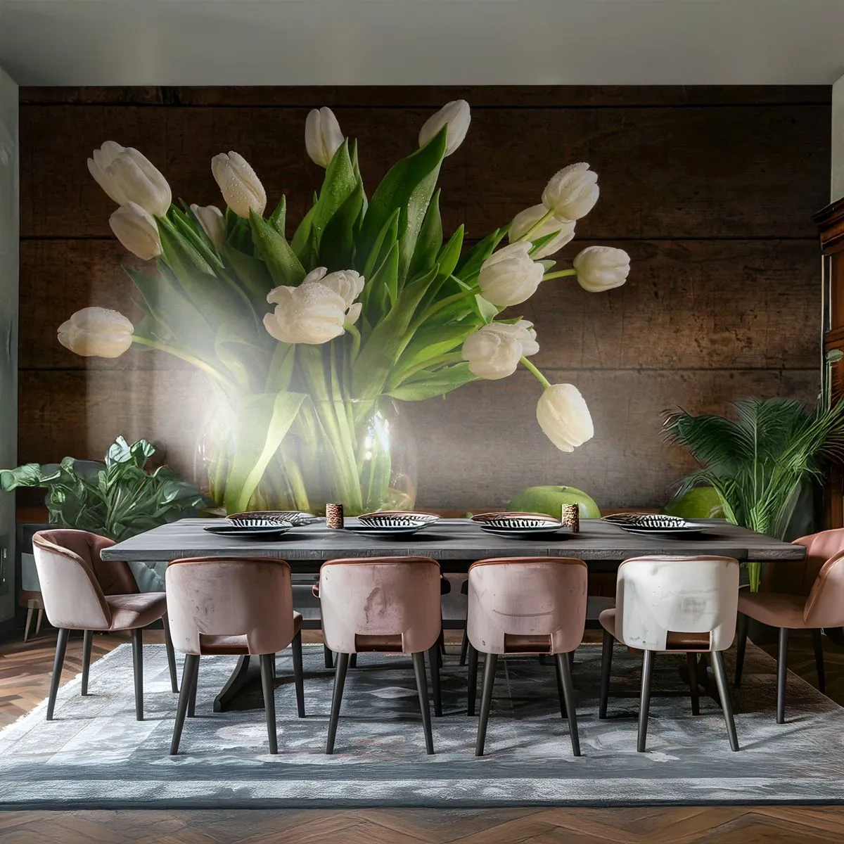 Fototapet Premium Sand - Saftig og frisk i grøn og hvid - Blomster, Tulipaner, Buket blomster - 100x70 cm